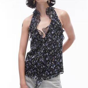 Topshop Black Tie Front Ruffled Blouse